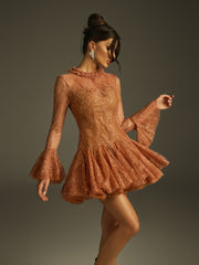 Ildrak Bell Sleeve Lace Sequin Mini Dress