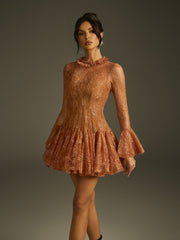 Ildrak Bell Sleeve Lace Sequin Mini Dress