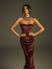 Ildrin Strapless Feather Velvet Midi Dress