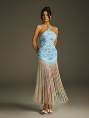 Ildris Spaghetti Floral Fringe Maxi Dress