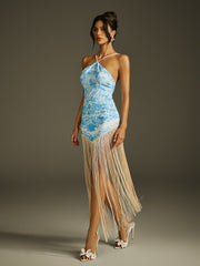 Ildris Spaghetti Floral Fringe Maxi Dress