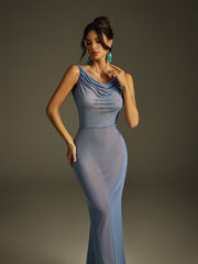 Ilyria Sleeveless Draped Mesh Maxi Dress