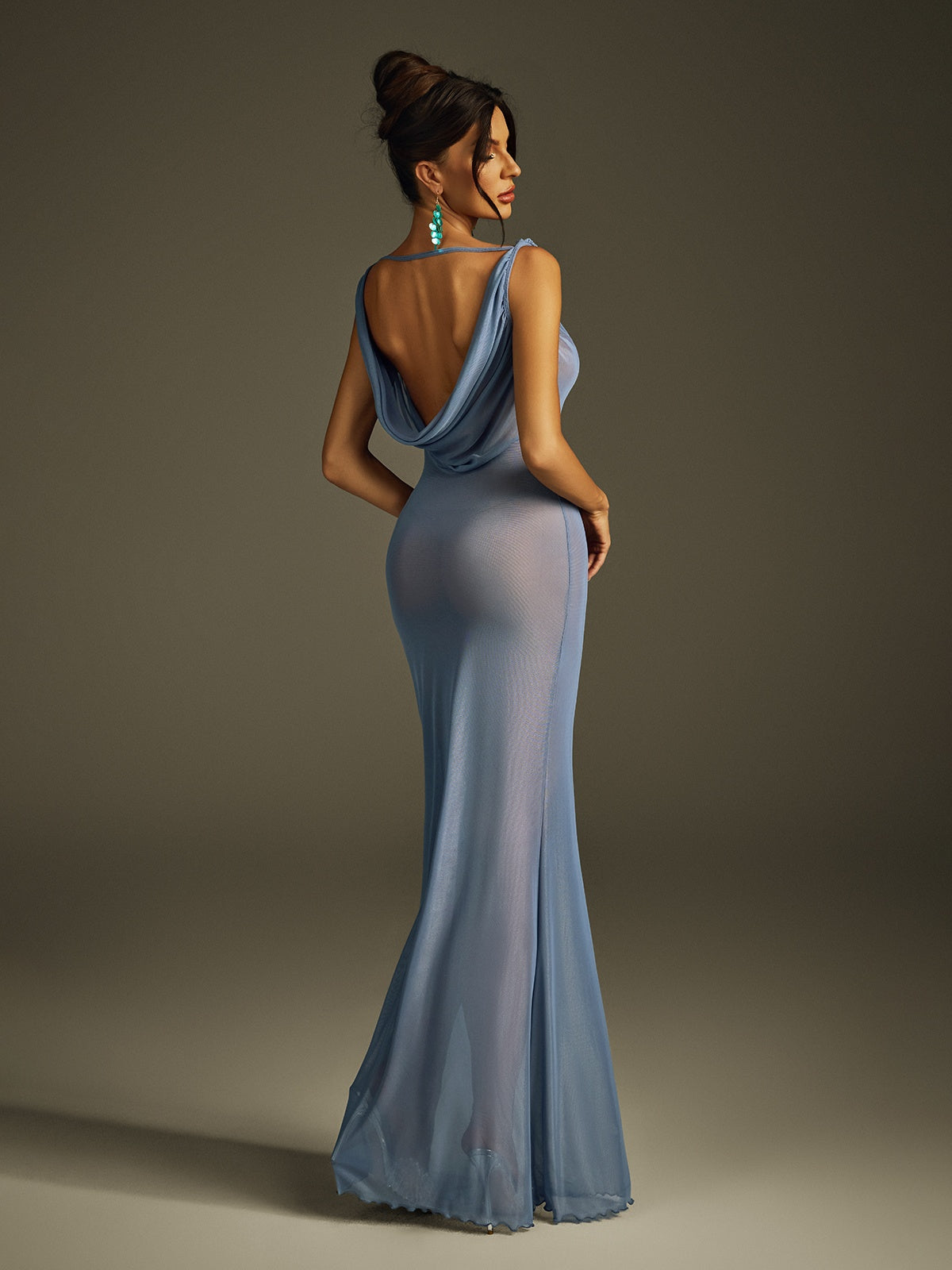 Ilyria Sleeveless Draped Mesh Maxi Dress