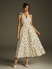 Ilyxra Halterneck Bow Split Dot Midi Dress
