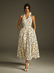 Ilyxra Halterneck Bow Split Dot Midi Dress