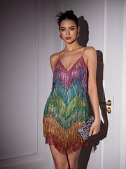 Indy V Neck Rainbow Crystal Fringe Mini Dress