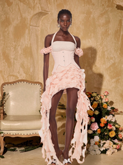 Ivria Halterneck Ruffled Draped Dress