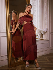 Izumi Fringe Bandage Maxi Dress In Maroon