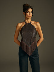Jaelon Halterneck Sequin Fringe Top