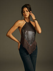 Jaelon Halterneck Sequin Fringe Top