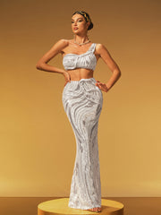 Jaelthar One Shoulder Sequin Skirt Set In White