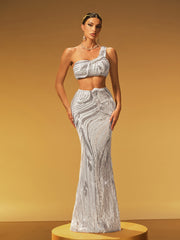Jaelthar One Shoulder Sequin Skirt Set In White