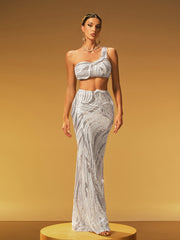 Jaelthar One Shoulder Sequin Skirt Set In White
