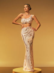 Jaelthar One Shoulder Sequin Skirt Set In Apricot