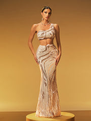 Jaelthar One Shoulder Sequin Skirt Set In Apricot