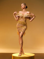 Jaimarie Off Shoulder Rhinestone Fringe Mini Dress In Gold