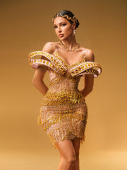 Jaimarie Off Shoulder Rhinestone Fringe Mini Dress In Gold