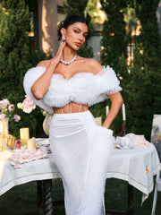 Jalynne Corset Tulle Trimmed Sequin Skirt Set In White