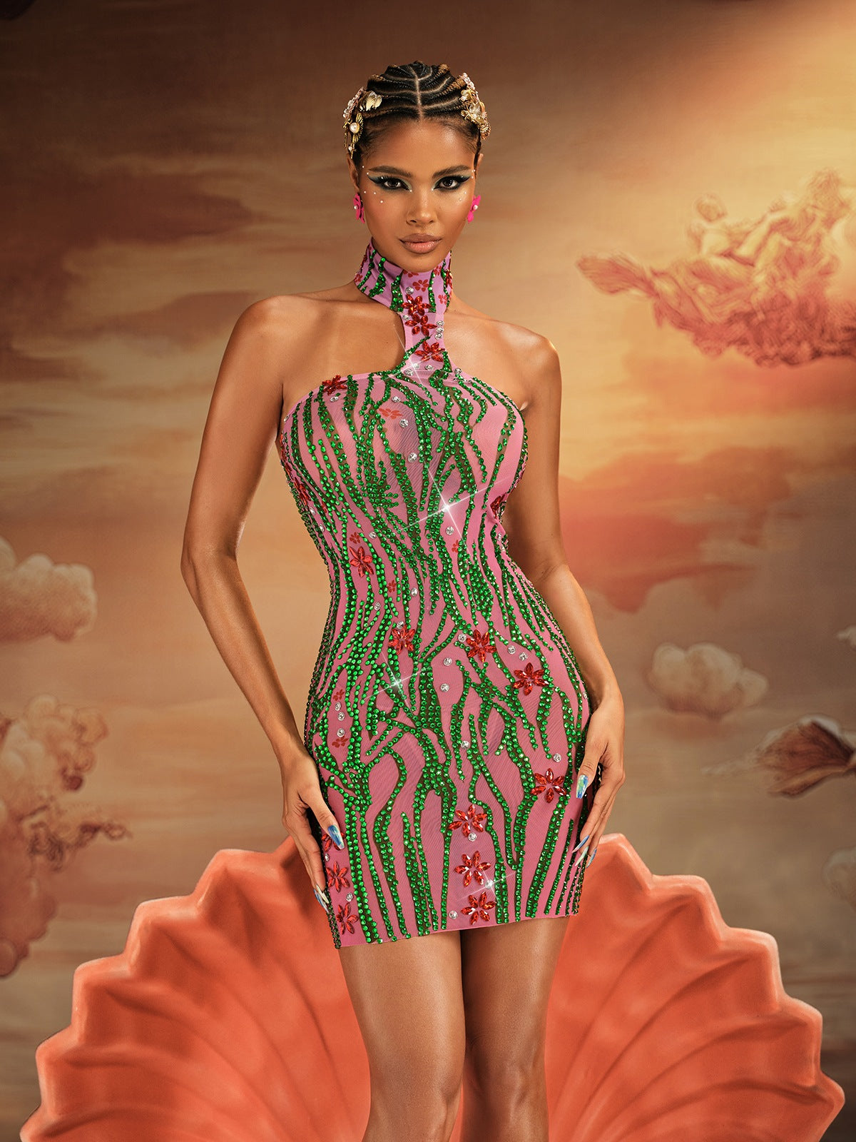 Jannik Halterneck Embellished Mesh Mini Dress