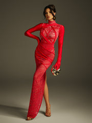 Jeyra Lace Split Maxi Dress With Gloves