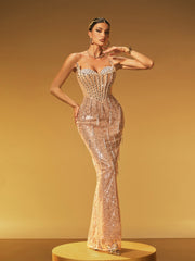 Jyressa Strapless Chain Fringe Sequin Maxi Dress
