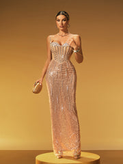 Jyressa Strapless Chain Fringe Sequin Maxi Dress
