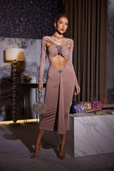 Kaison Long Sleeve Crystal Cutout Midi Dress