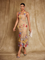 Kohen Halterneck Flower Embroidered Midi Dress