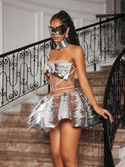 Kretska Crystal Metallic Skirt Set In Silver