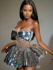 Kretska Crystal Metallic Skirt Set In Silver