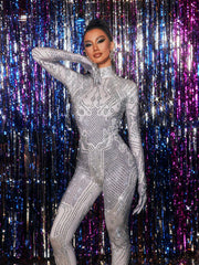 Kryxara High Neck Rhinestone Jumpsuit With Gloves
