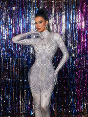 Kryxara High Neck Rhinestone Jumpsuit With Gloves