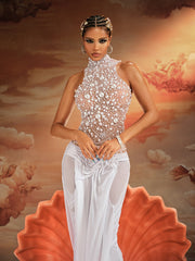 Kunigunde High Neck Lace Up Pearl Mesh Top