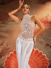 Kunigunde High Neck Lace Up Pearl Mesh Top