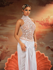 Kunigunde High Neck Lace Up Pearl Mesh Top