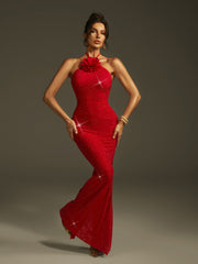 Lalette Halterneck Flower Rhinestone Maxi Dress