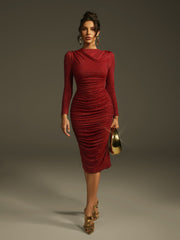 Laquita Long Sleeve Rhinestone Ruched Midi Dress
