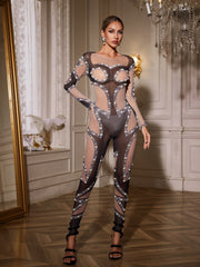 Larisa Long Sleeve Pearl Mesh Jumpsuit