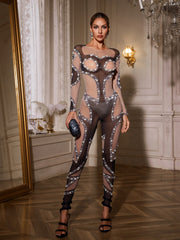Larisa Long Sleeve Pearl Mesh Jumpsuit