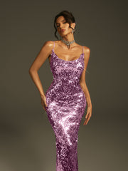Laurie Spaghetti Sequin Midi Dress In Purple