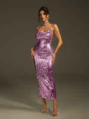 Laurie Spaghetti Sequin Midi Dress In Purple