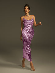 Laurie Spaghetti Sequin Midi Dress In Purple