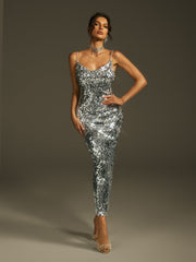 Laurie Spaghetti Sequin Midi Dress In Silver
