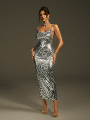 Laurie Spaghetti Sequin Midi Dress In Silver