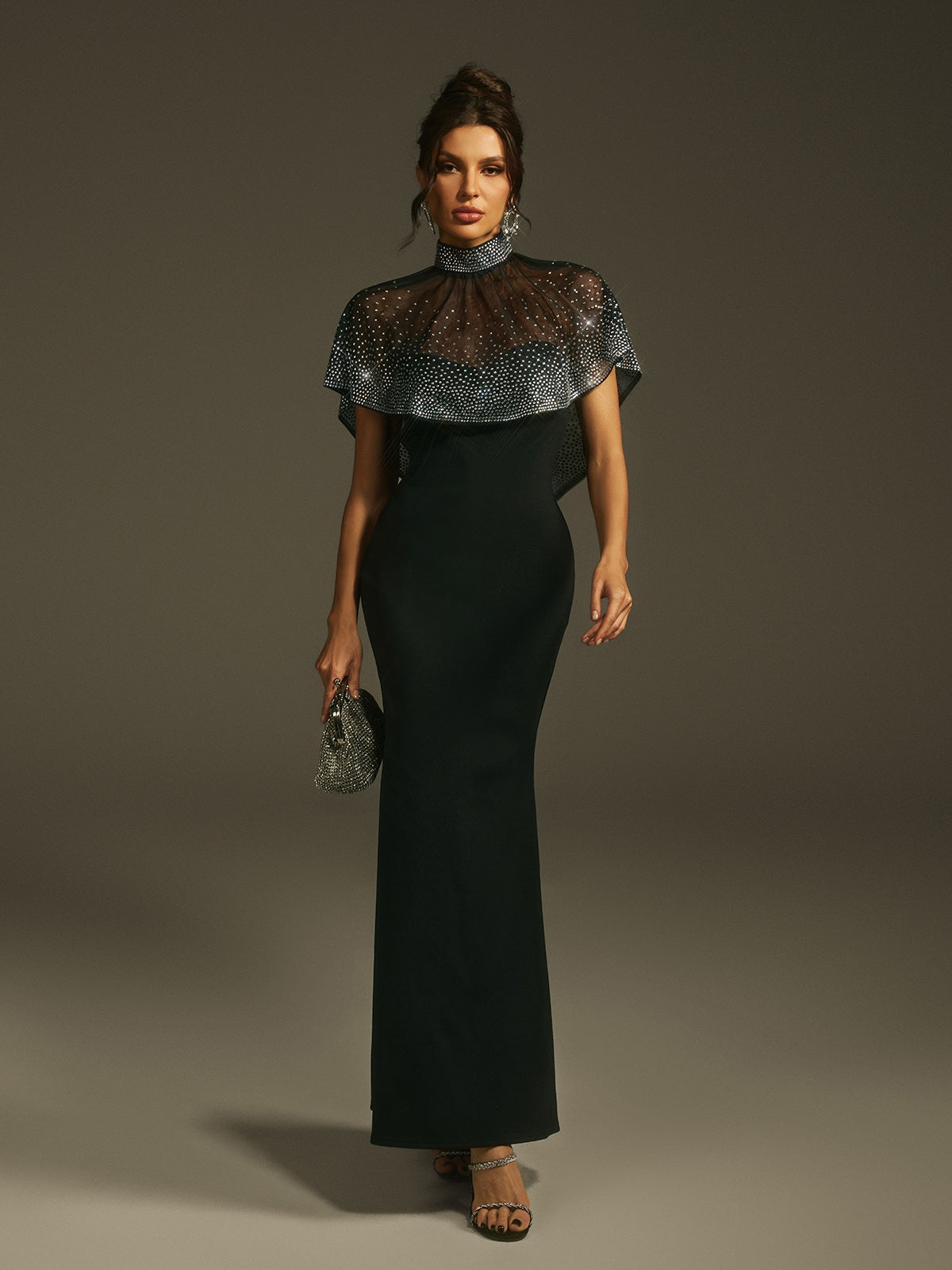 Lenah High Neck Rhinestone Bandage Maxi Dress