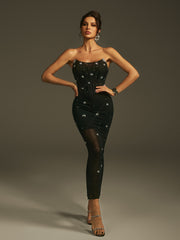 Lenny Strapless Rhinestone Mesh Midi Dress With Gloves