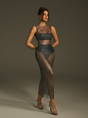 Leodis Rhinestone Mesh Dress Three Piece Set