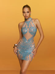Lexiss Halterneck Rhinestone Mini Dress In Blue