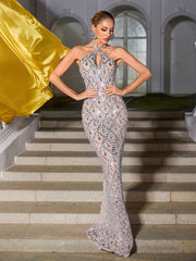 Liora Backless Sequin Crystal Maxi Dress In Nude