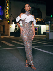 Liora Flower Sequin Crystal Maxi Dress